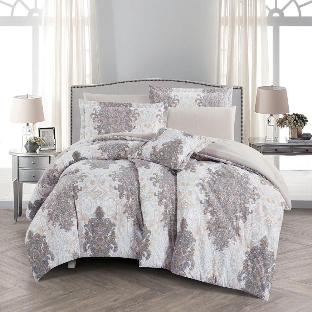 مفرش صيفي مقاس كوين وجهين ٧ قطع - ويلز -ابيض - بيج