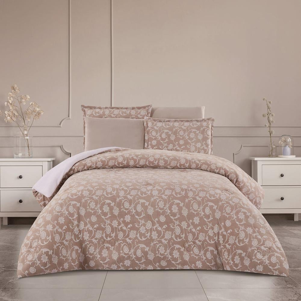 مفرش شتوي مخمل فرو محفور مفرد ونص 4 قطع - انديرا - بيج غامق - بيج فاتح