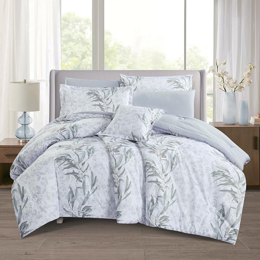 مفرش صيفي مقاس كوين وجهين ٧ قطع - ويلز - ابيض - رصاصي