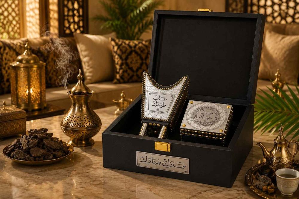 بوكس جلد إيطالي فاخر للهدايا من سهب للعود يضم مبخرة ملكية وعلبة عود