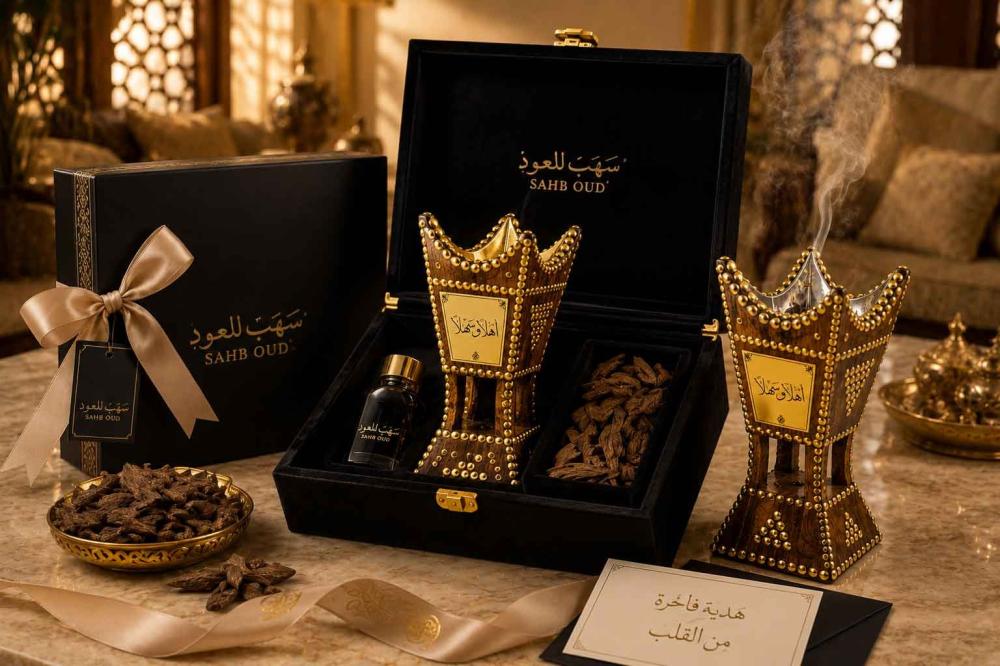 صندوق هدايا عود فاخر من سهب للعود يضم مبخرة حائلية فاخرة ودهن عود طبيع
