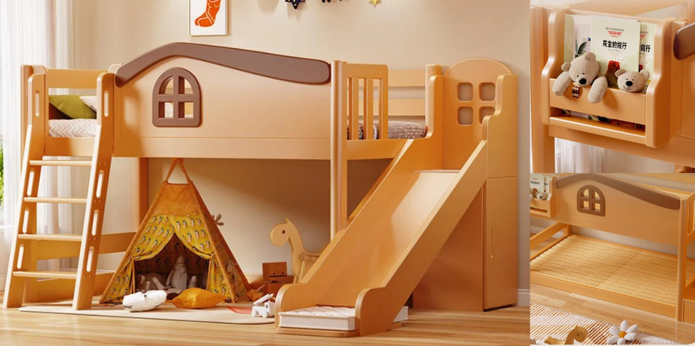 سرير بطابقين للأطفال من الخشب الصلب – حل متكامل للنوم واللعب بذكاء