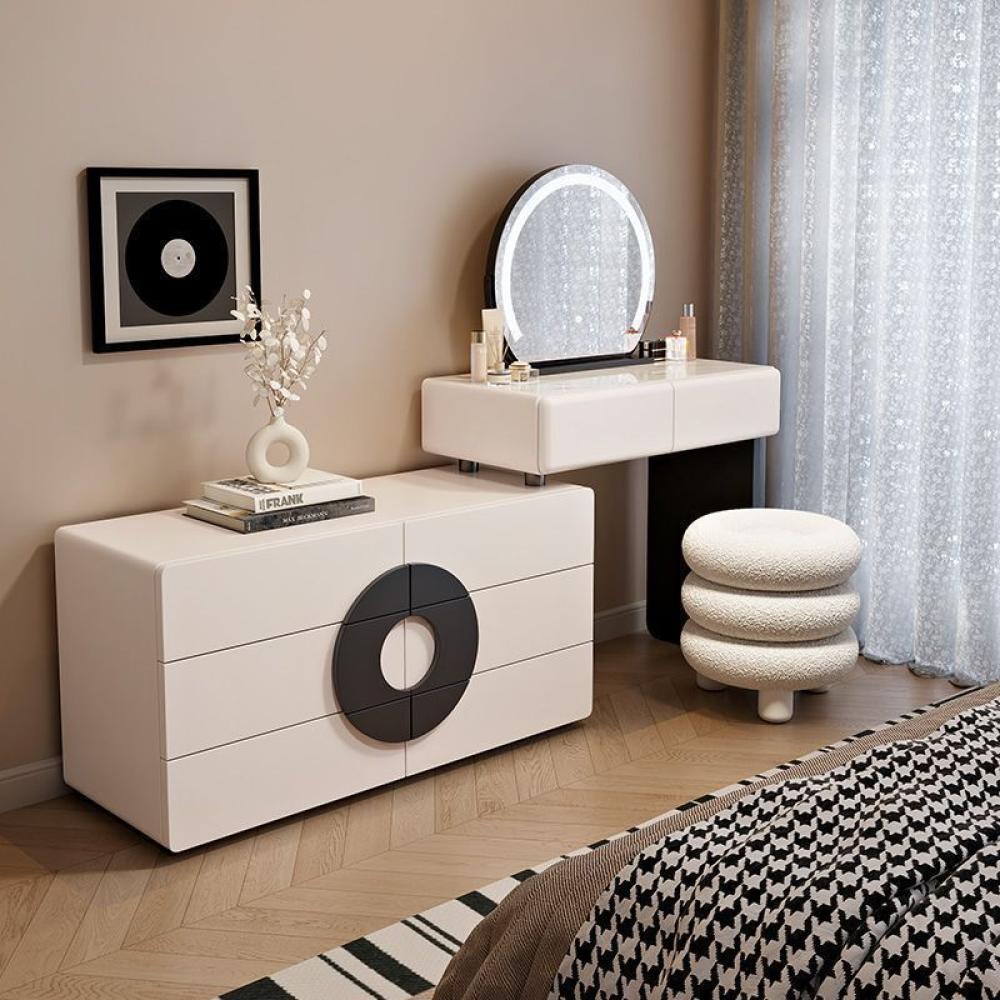 طاولة تزيين عصرية قابلة للتمدد مع مرآة LED ووحدة تخزين خشبية – سطح حجري مقاوم للحرارة