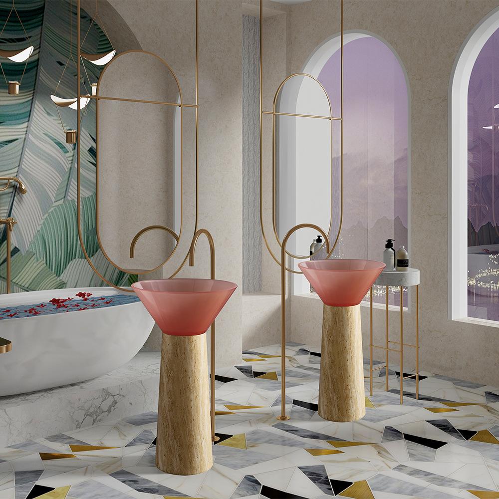حوض غسيل فندقي متكامل من الراتنج الشفاف بتصميم هندسي عصري