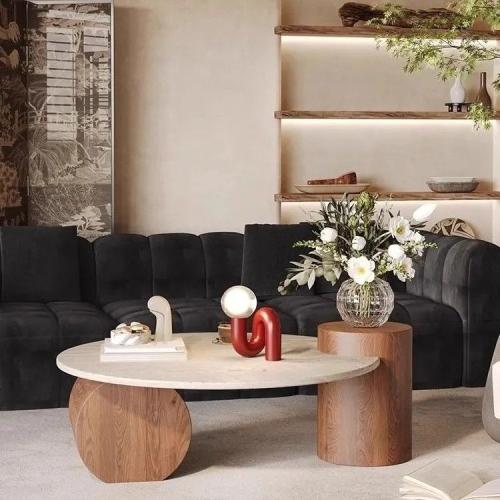 طاولة قهوة دائرية بتصميم ترافرتين – أناقة عصرية متعددة الاستخدامات