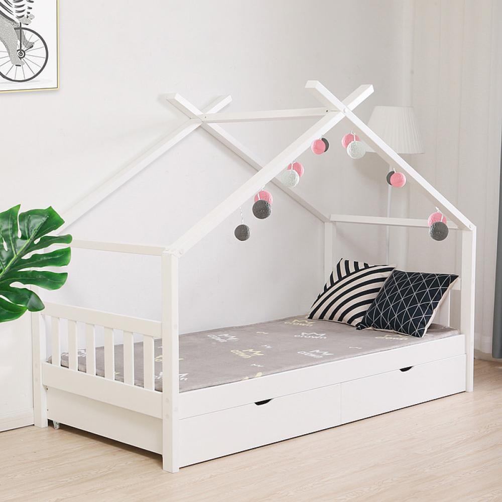 سرير أطفال خشبي بتصميم منزل مع درج تخزين