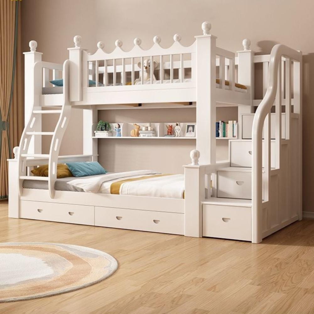 سرير أطفال بطابقين خشب صلب – تصميم أبيض من قطعتين