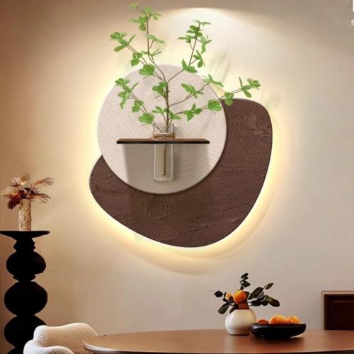 لوحة جدارية ديكورية مضيئة مع رف وفازة نباتية