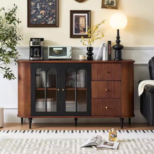 خزانة جانبية فرنسية من الخشب والزجاج المصنفر