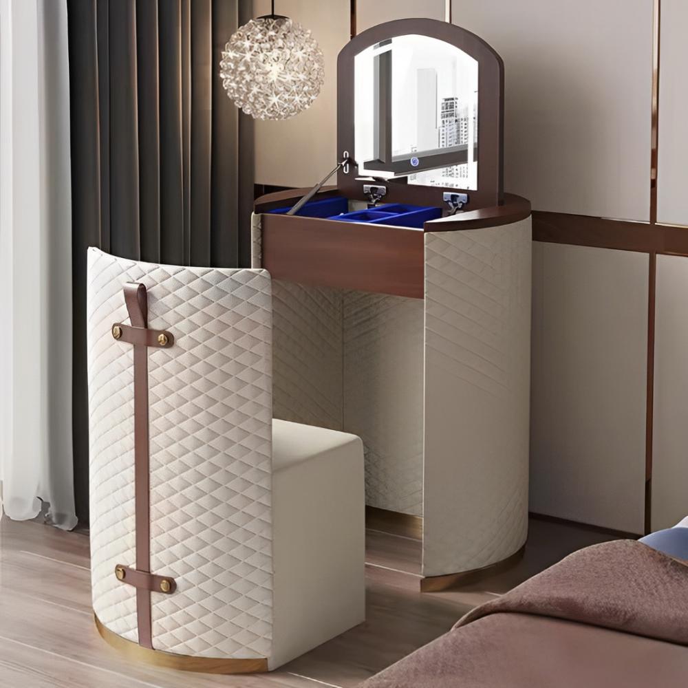 طاولة تزيين دائرية فاخرة بتصميم إيطالي – جلد نباتي مع مرآة LED قابلة للطي