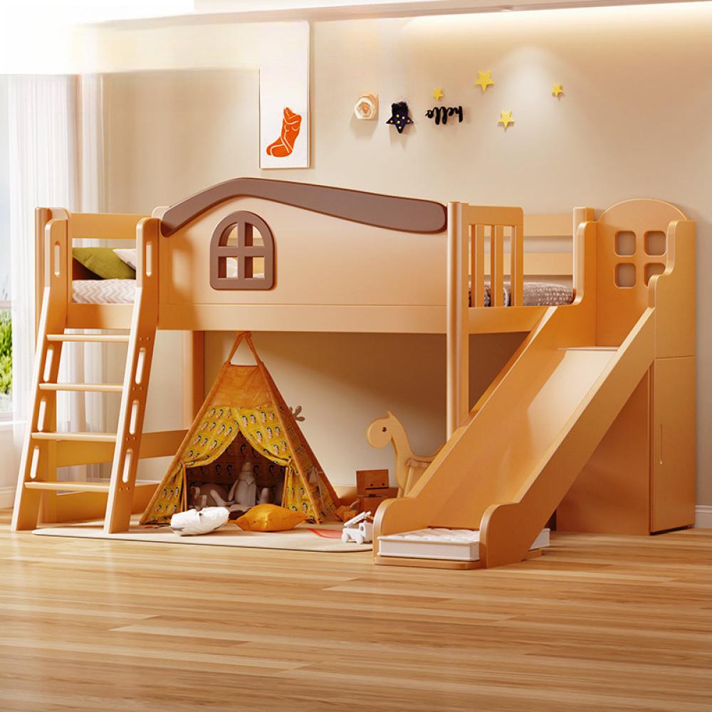 سرير بطابقين للأطفال من الخشب الصلب – مع مساحة لعب وزحليقة