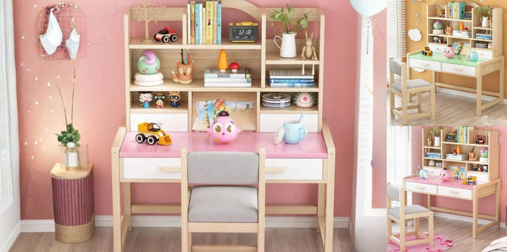 مكتب أطفال خشبي مزود بـ 2 أدراج وأرفف أمامية: الحل الأمثل لغرفة طفلك