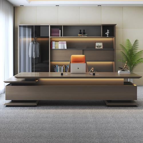 مكتب تنفيذي عصري فاخر – مكتب الرئيس التنفيذي مع خزائن ملفات متكاملة