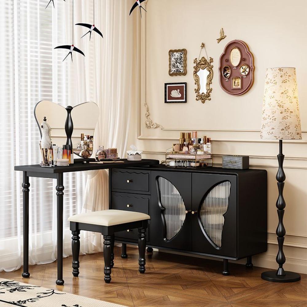 تسريحة زاوية سوداء بتصميم فرنسي كلاسيكي مع خزانة ومرآة وكرسي