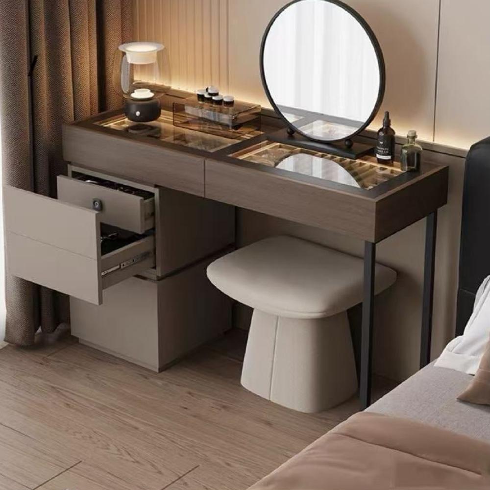 طاولة تزيين عصرية بمرآة دائرية مع سطح زجاج وقفل ذكي بالبصمة