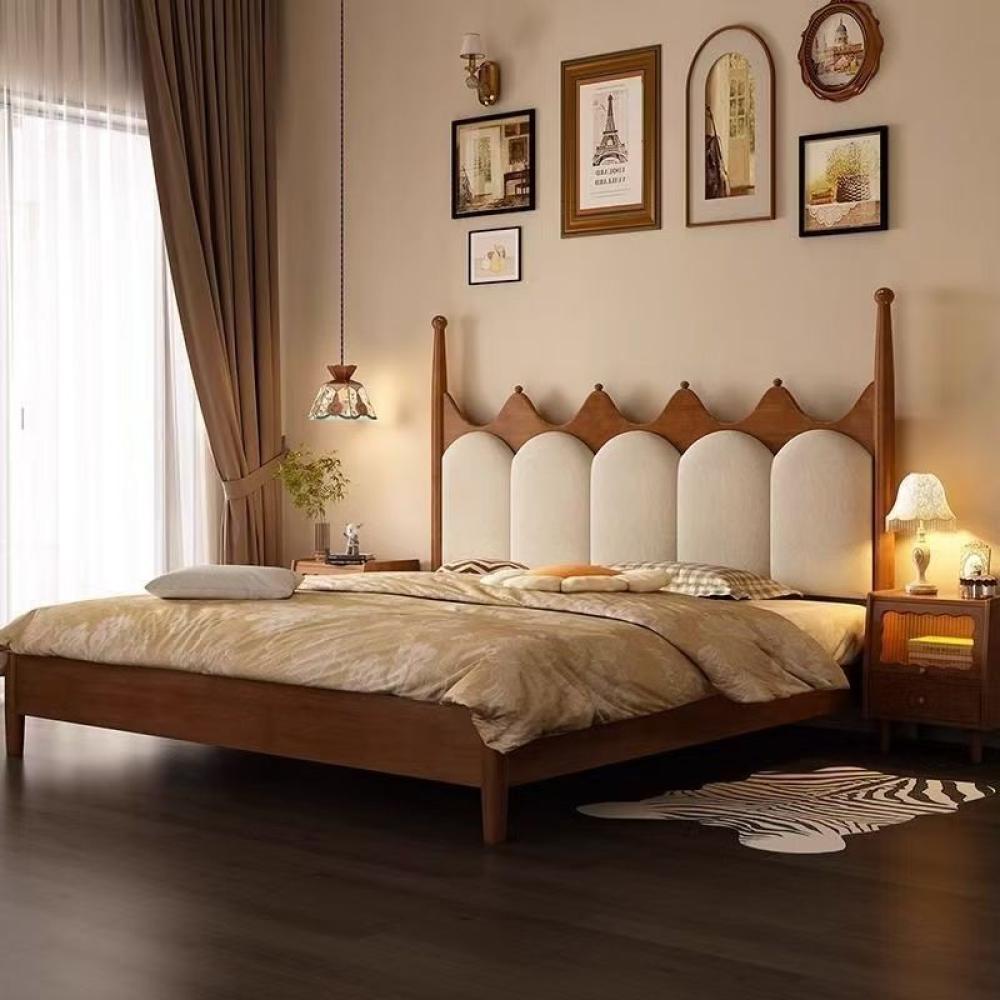 سرير خشبي صلب بتصميم فرنسي كلاسيكي منجد – فخامة مريحة لغرفة النوم