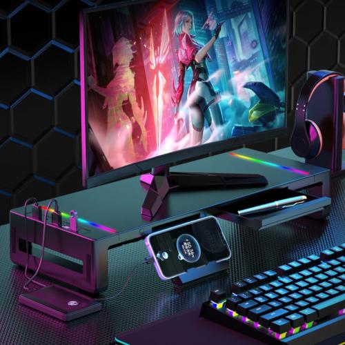 حامل شاشة كمبيوتر مع درج تخزين وإضاءة LED – تصميم مكتبي عملي متعدد الوظائف