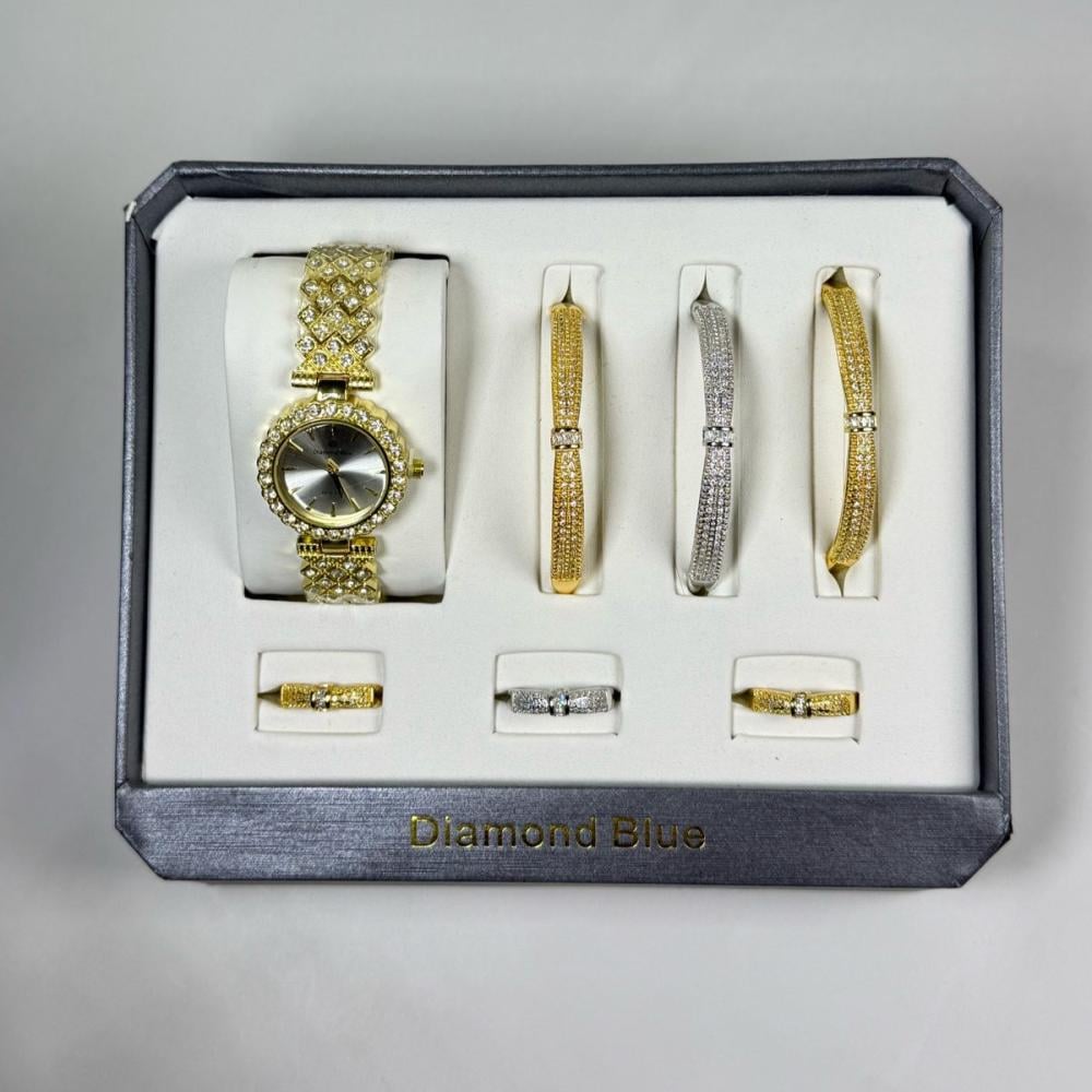 طقم Diamond Blue ساعة مع أساور وخواتم