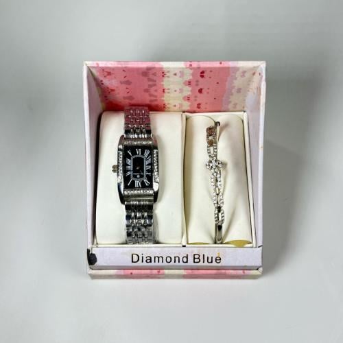 طقم Diamond Blue الفضي الراقي (ساعة + سوار + خاتم)