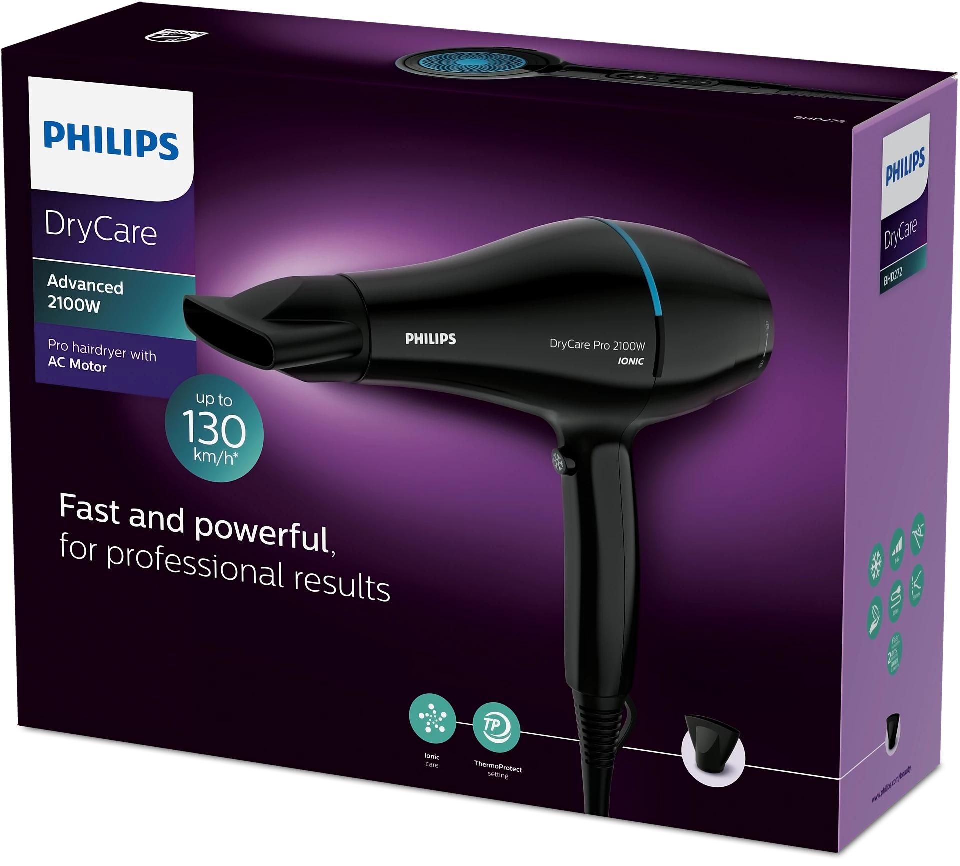 Philips Pro Hair Dryer – Fast and Powerful for Professional Results with Heat Protection and Ionic Care, 2100W – Black