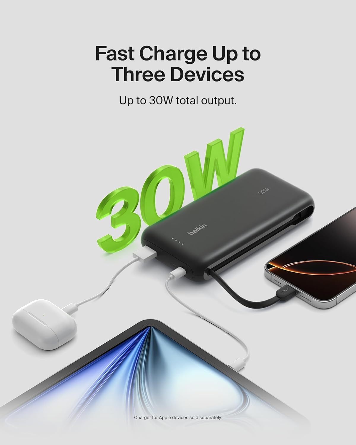 Belkin Portable Charger, Power Bank with Integrated Cable 20K PD 30W - Fast Charging USB-C Power Delivery, Portable Charger for iPhone 16 Series, iPad Pro, Galaxy S25 Series, and More - Black