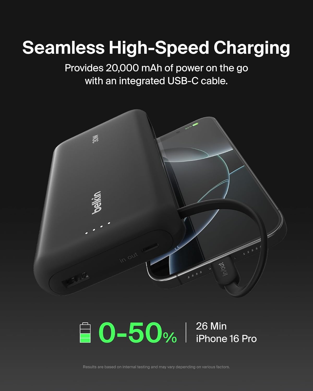 Belkin Portable Charger, Power Bank with Integrated Cable 20K PD 30W - Fast Charging USB-C Power Delivery, Portable Charger for iPhone 16 Series, iPad Pro, Galaxy S25 Series, and More - Black