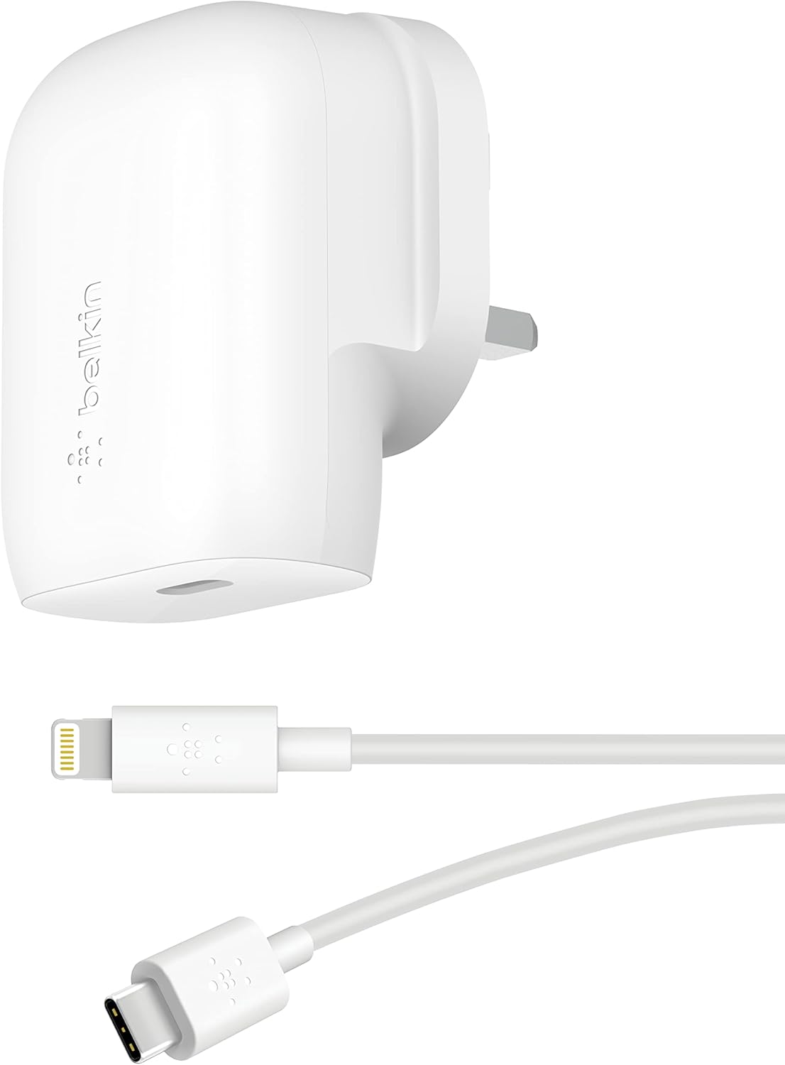 بلكن - شاحن جداري Boost Charge USB-C PD 3.0 PPS بقدرة 30 واط + كابل شحن USB-C إلى USB-C بطول 1 متر - أبيض