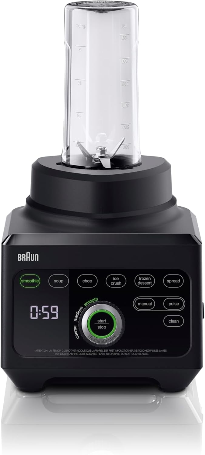 Braun Power Blend 9 Premium 1600W 2L Smoothie Maker with 18 Functions Unique Triangular Tritan Jar 2 Smoothie2Go Bottles 600ml Chop Ice Crush Ice Cream and Spread Black