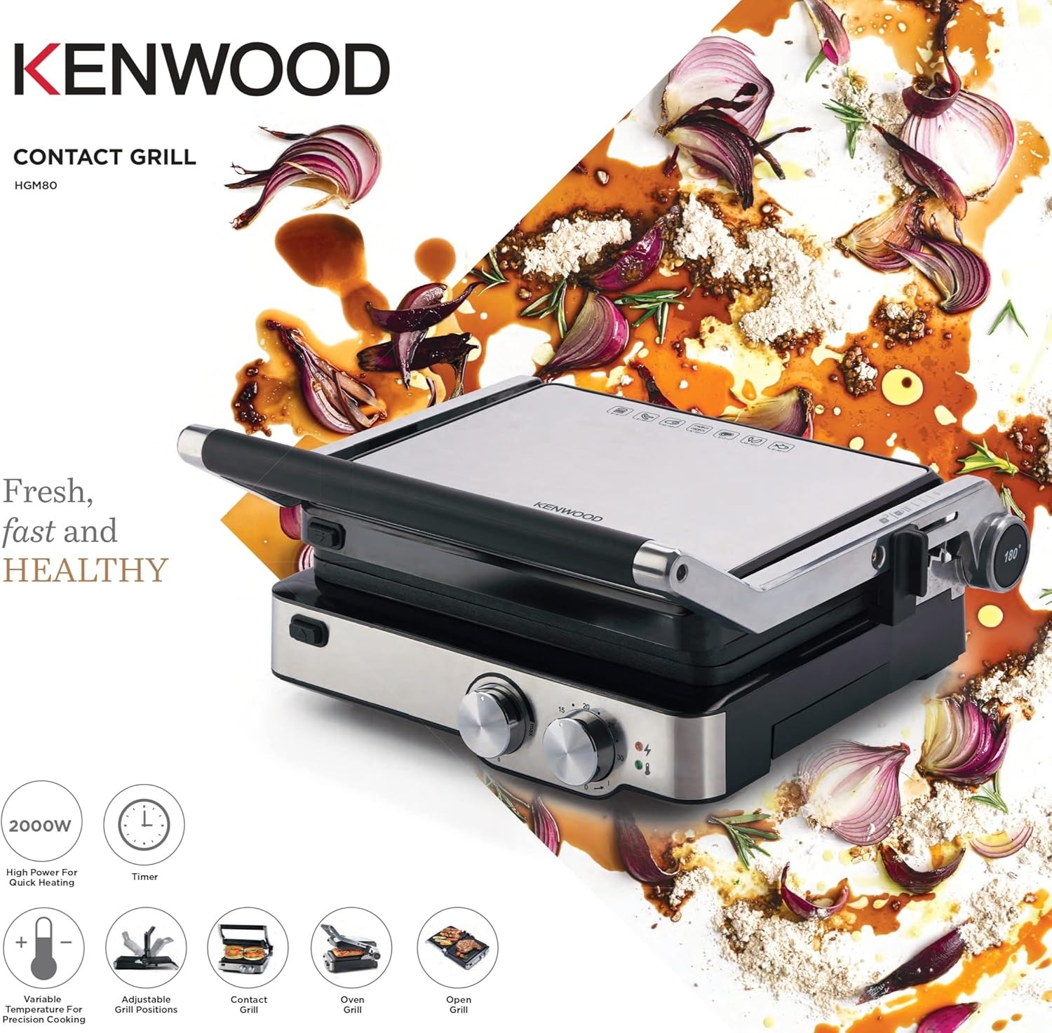 Kenwood Healthy Grill 2000W – Adjustable Temperature, Multiple Grill Modes, 180° Open Grill, Oven Grill, Timer, Model HGM80.000SS, Silver
