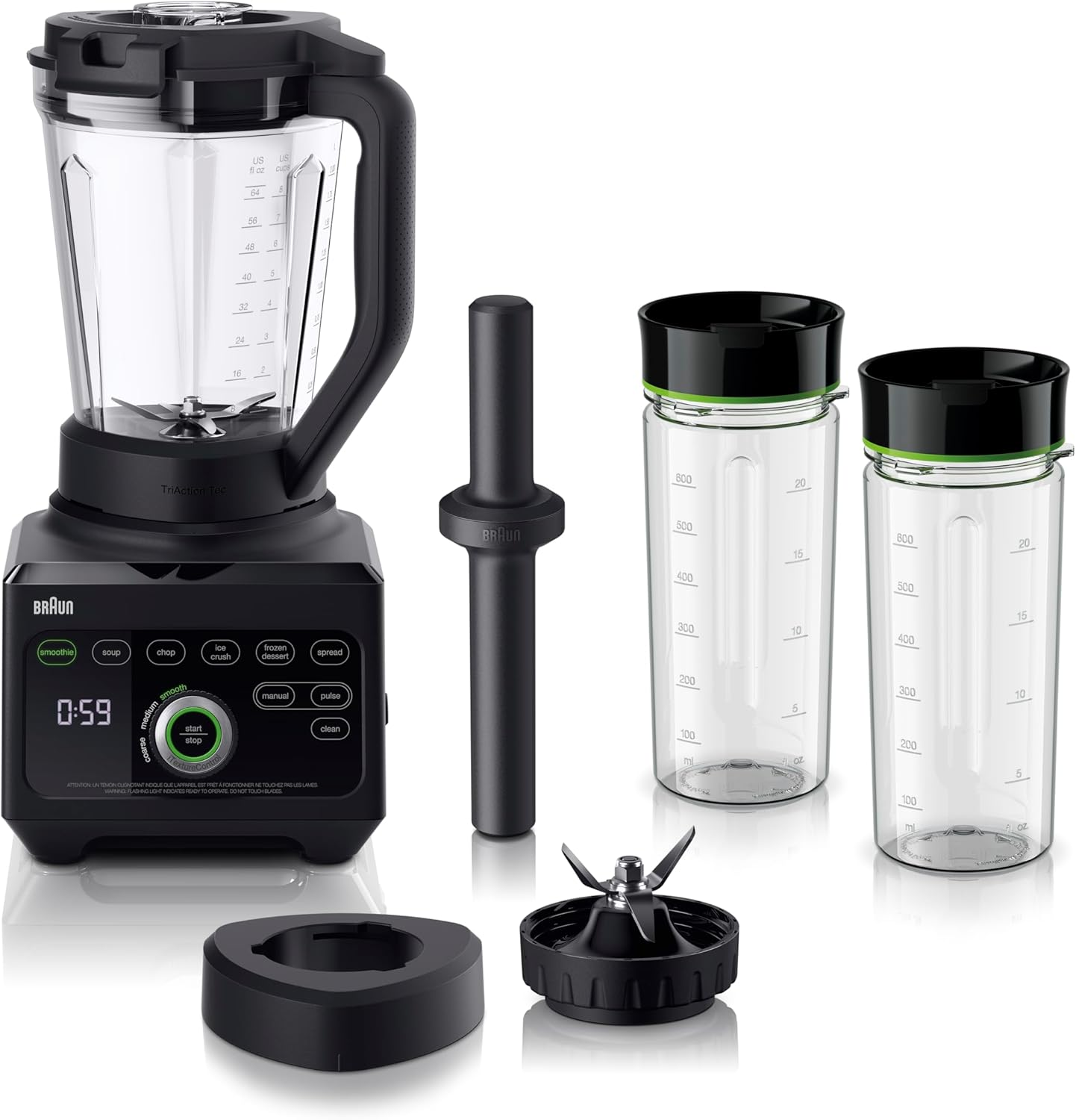 Braun Power Blend 9 Premium 1600W 2L Smoothie Maker with 18 Functions Unique Triangular Tritan Jar 2 Smoothie2Go Bottles 600ml Chop Ice Crush Ice Cream and Spread Black