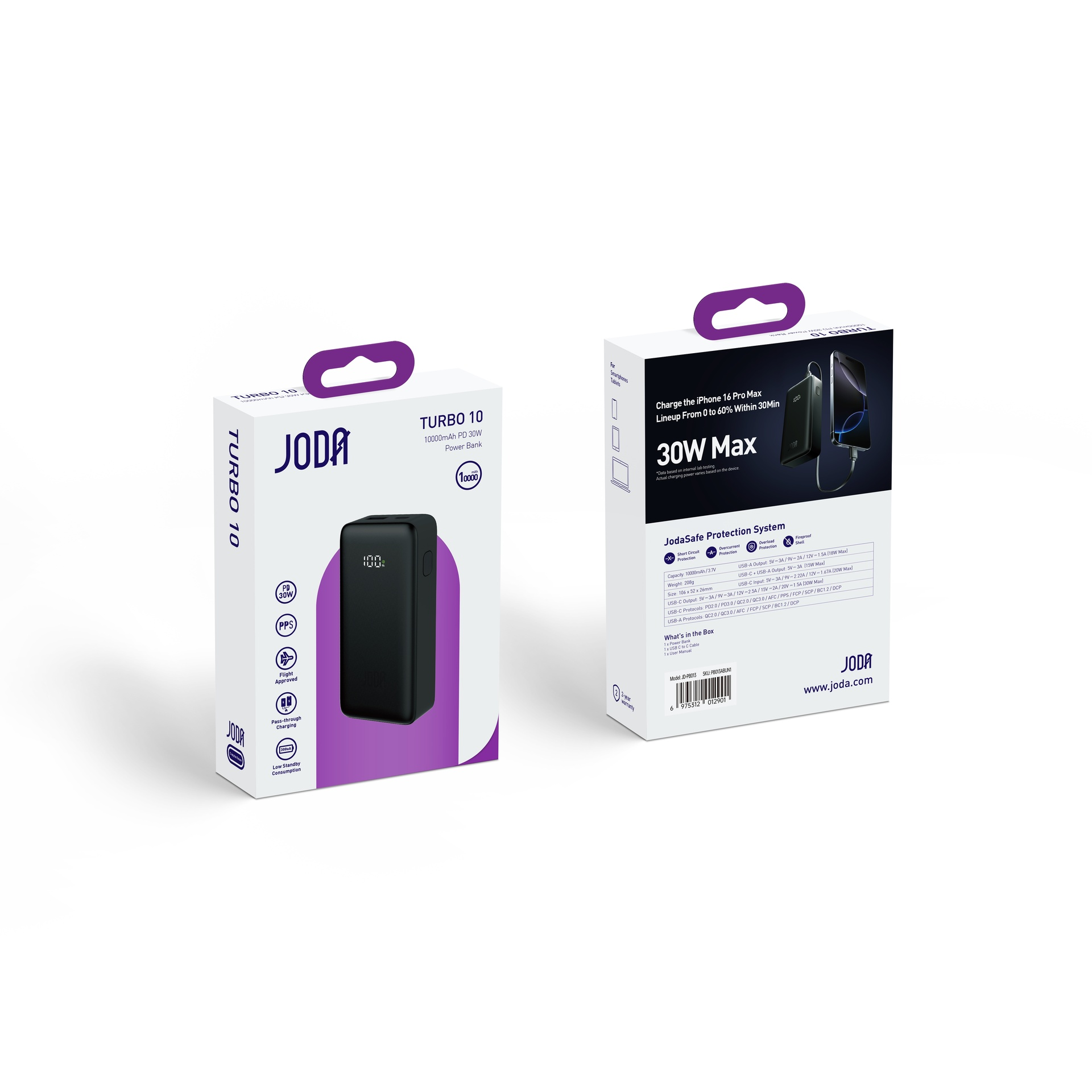 جودا بنك طاقة توربو 10، 10000 مللي أمبير/ساعة، PD، 30 واط، شاشة LED اسود، منفذان، 1USB-C، 1USB-A (PB013AUUN1)