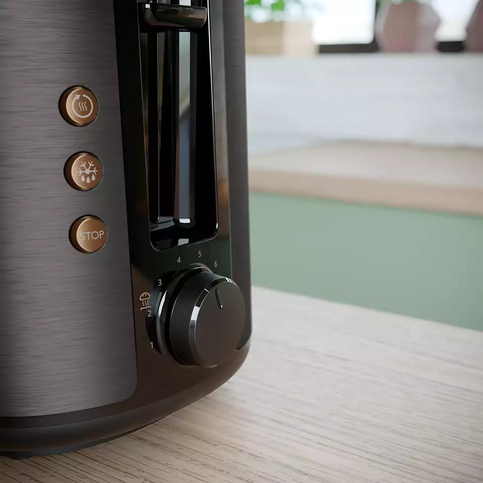فيليبس محمصة خبز 5000 سيريز 950 واط بفتحتين عريضتين 8 إعدادات تحميص مع خاصية الإيقاف التلقائي وضع إذابة الثلج وزر للإلغاء نحاسي/أسود