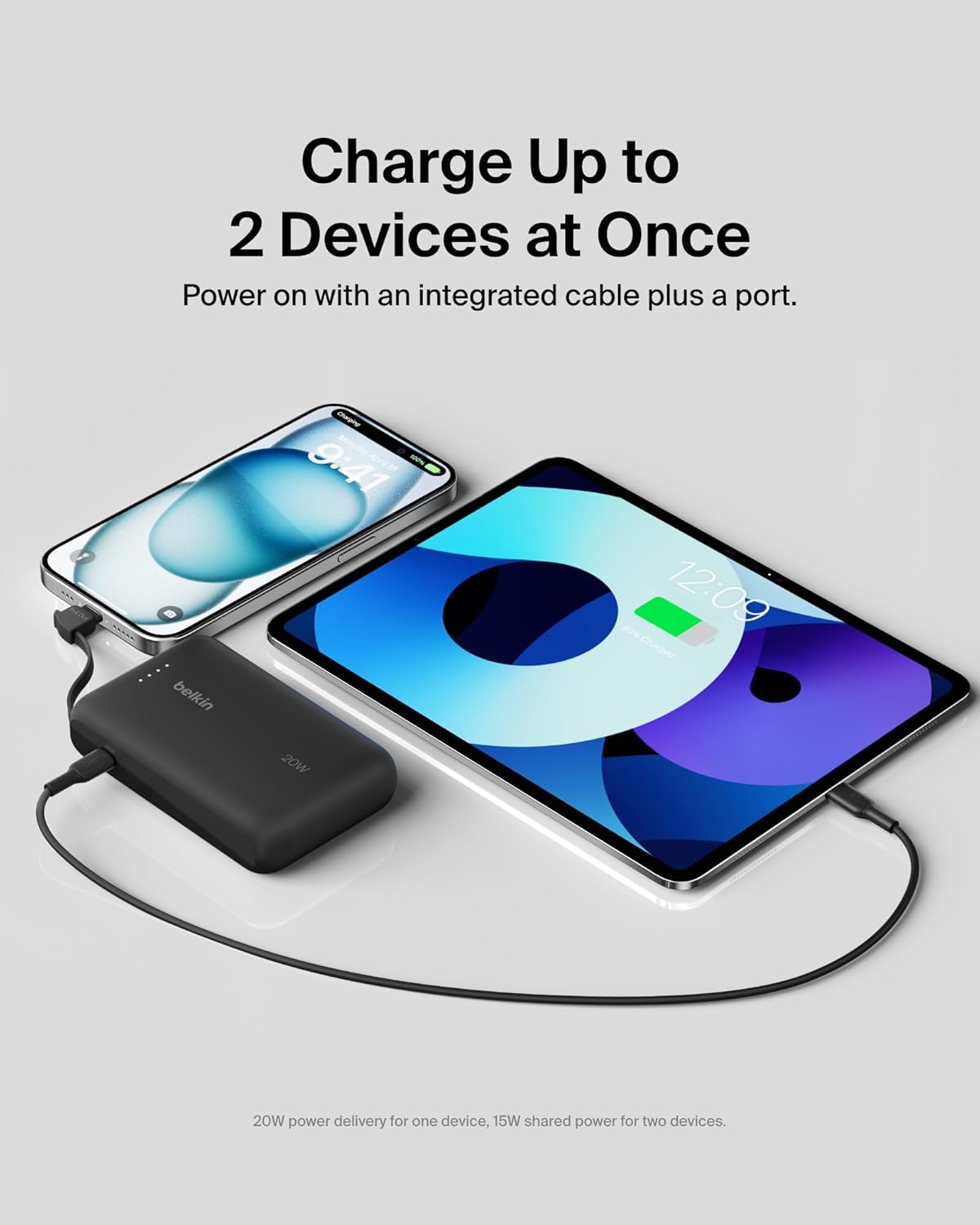 بيلكن - بطارية 10K بسعة 10000 ملي امبير بمنفذ تايب سي مع سلك مدمج تايب سي - اسود