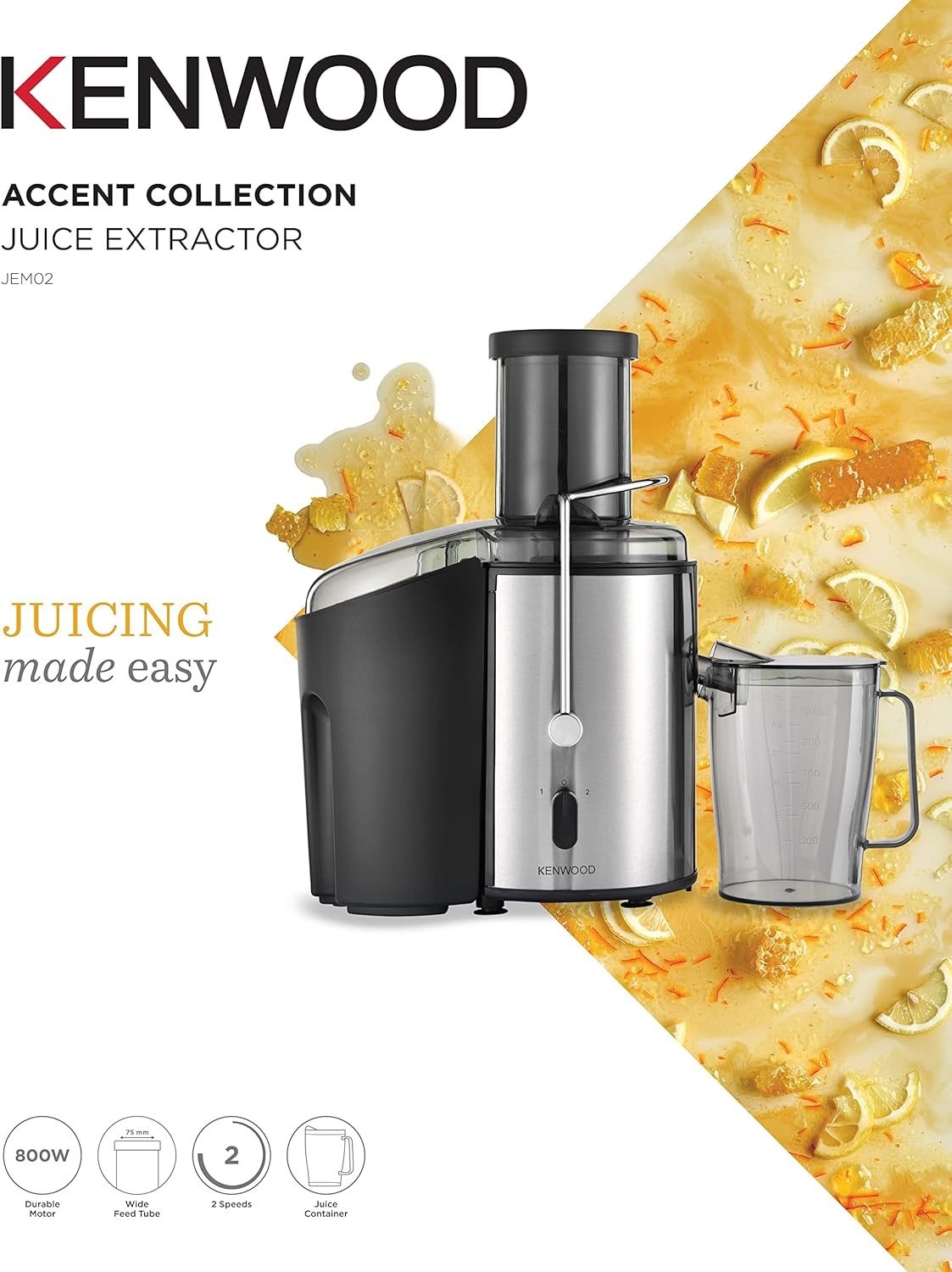 Kenwood Juicer, 800W, 75mm Feed Tube, 2 Speeds, Juice Container, 2L Pulp Container, Anti-Drip, Safety Lock, Model JEM02.A0BK, Multi-Color