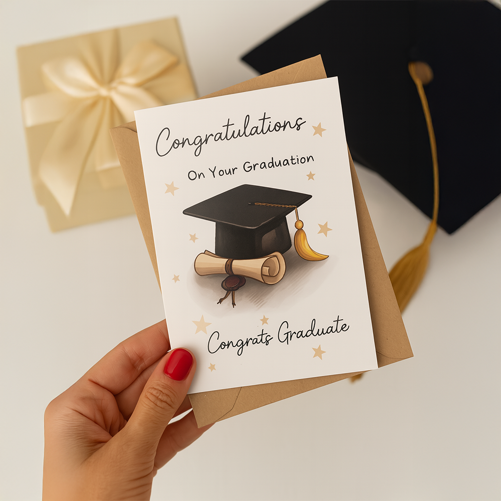 بطاقة تهنئة Congrats Graduate بتصميم قبعة تخرج ونجوم ذهبية مع ظرف بني