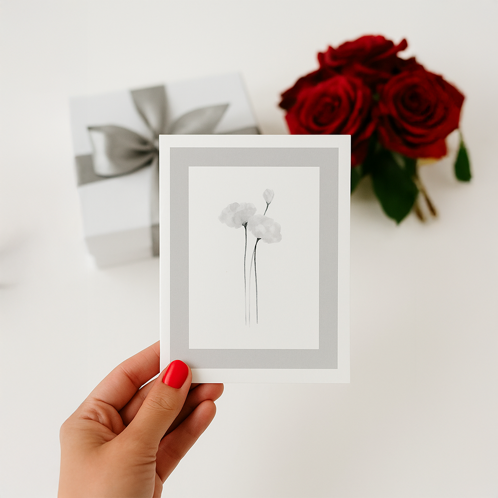 بطاقة رمادية بتصميم زهور أنيق بخلفية بيضاء