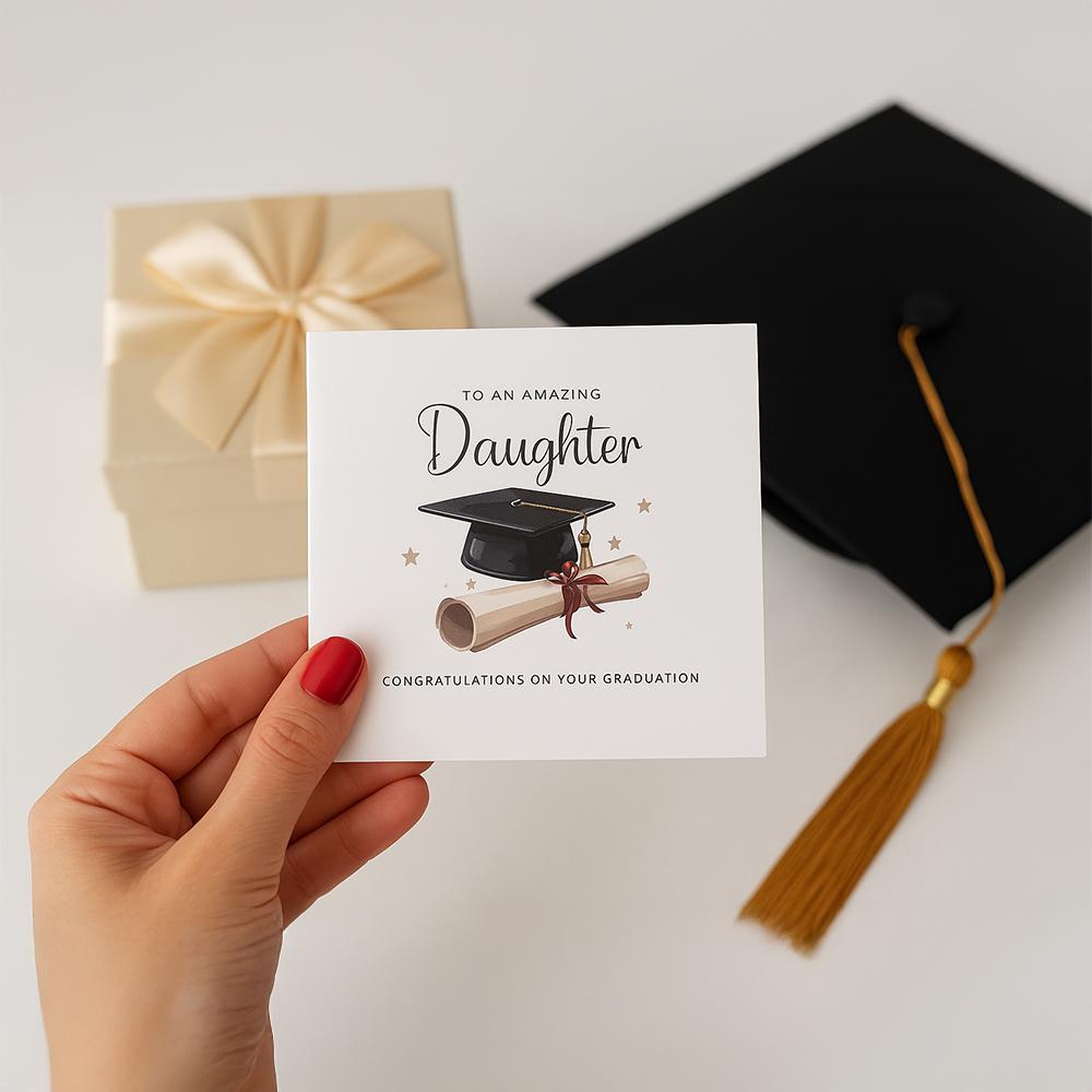 بطاقة تخرج To an Amazing Daughter بتصميم أنيق مع قبعة تخرج وشهادة مق