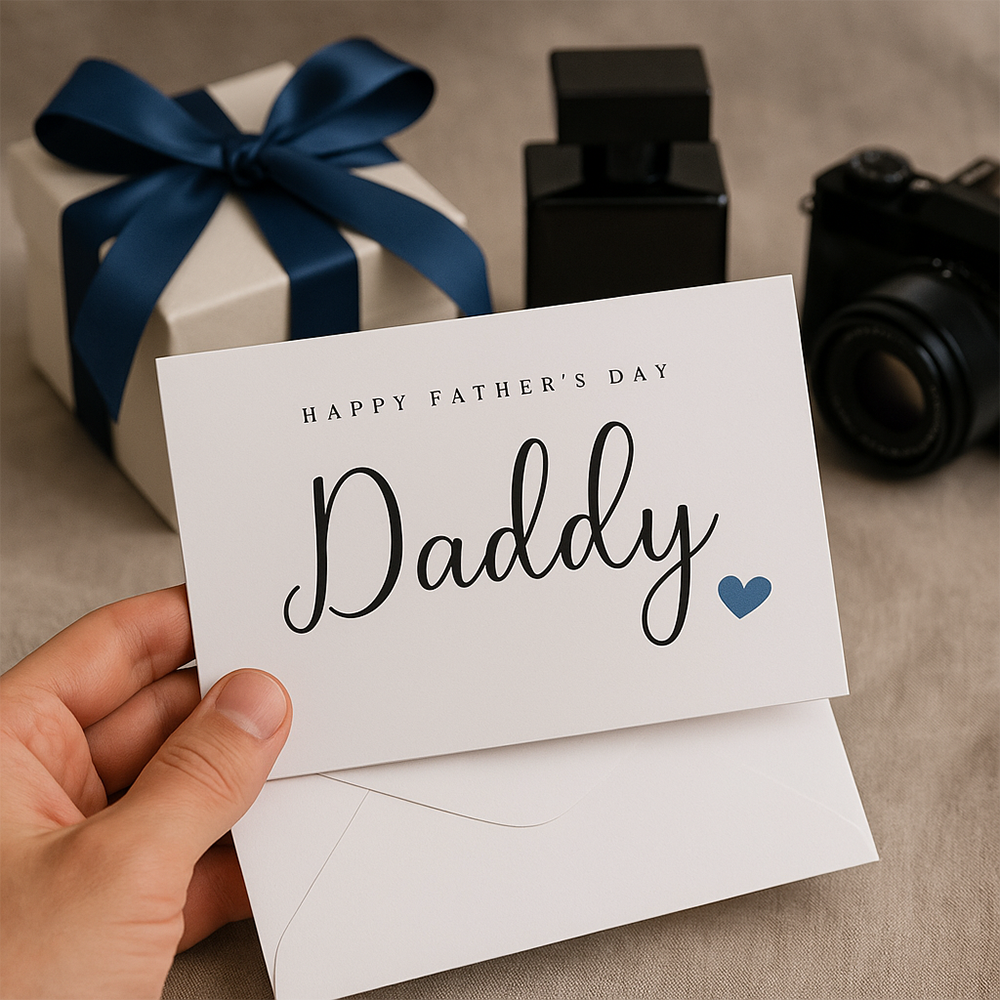كرت تهنئة أبيض مكتوب عليه Happy Fathers Dad Dady مع قلب أزرق صغير