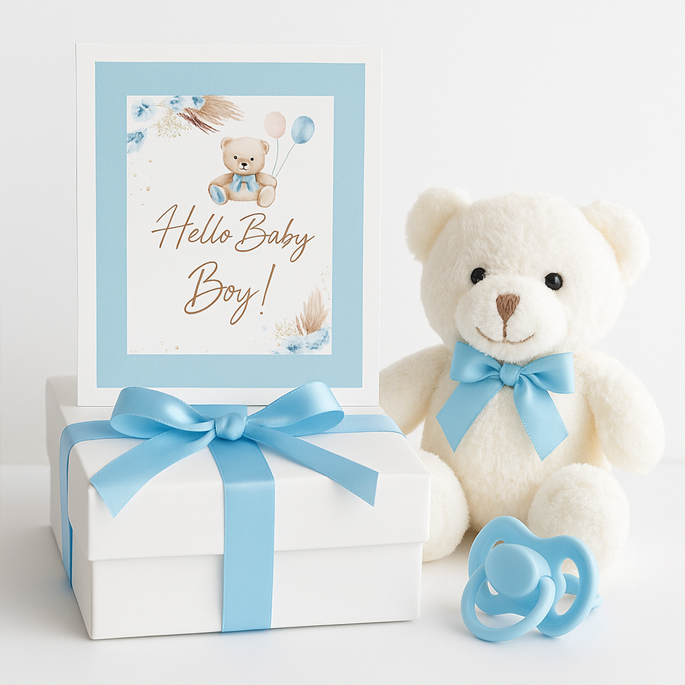 بطاقة Hello Baby Boy بتصميم دبدوب وبلونات وأعشاب ناعمة