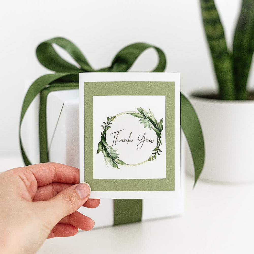 بطاقة شكر بتصميم إكليل نباتي ممسوكة باليد أمام هدية بشريطة خضراء