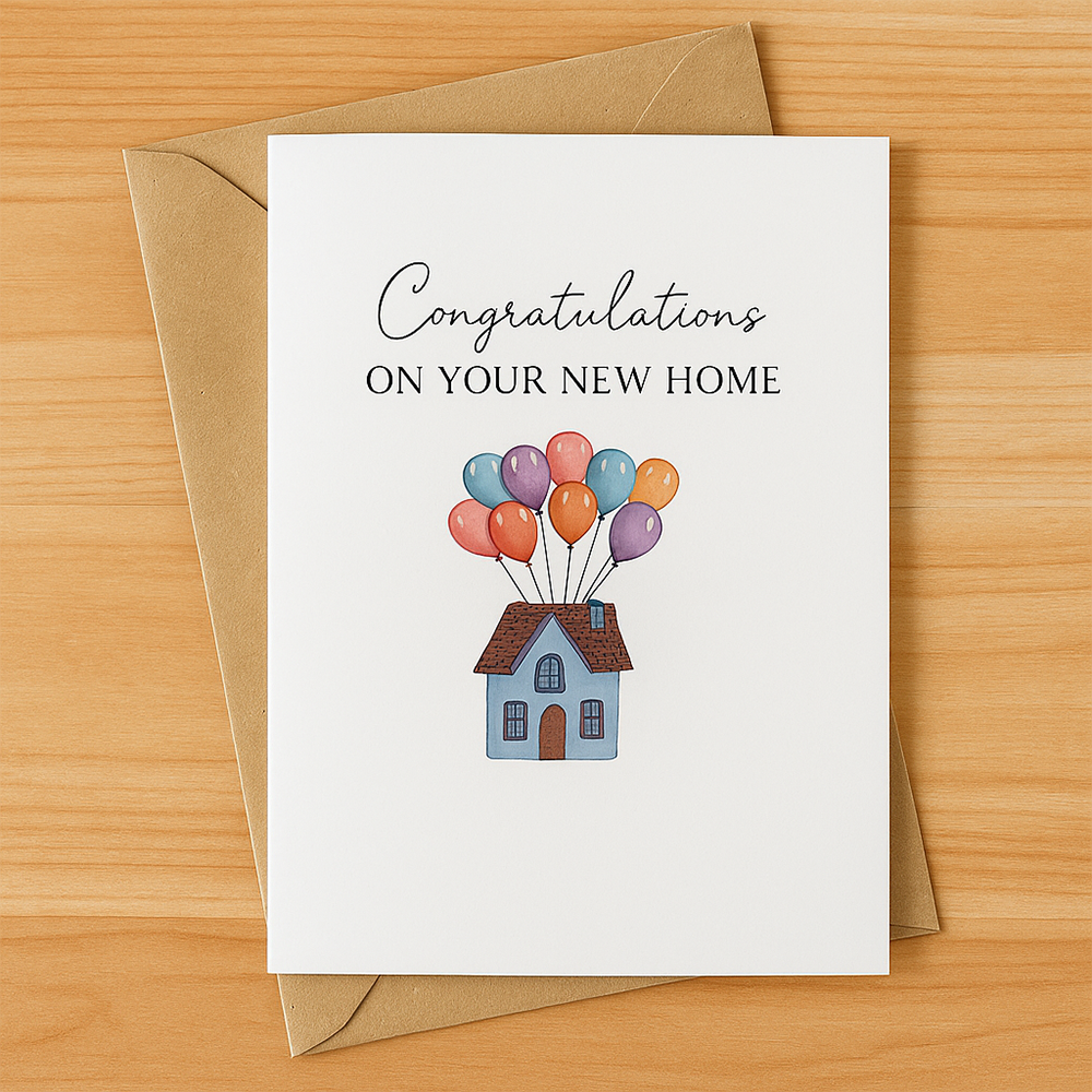 بطاقة Congratulations On Your New Home مع تصميم منزل وبالونات وظرف كرا