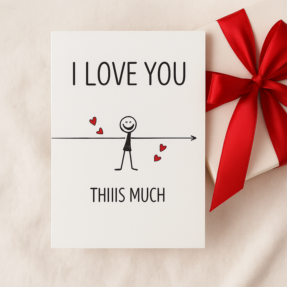 بطاقة حب بعبارة I LOVE YOU THIIIS MUCH مع شخصية كرتونية وظرف أحمر
