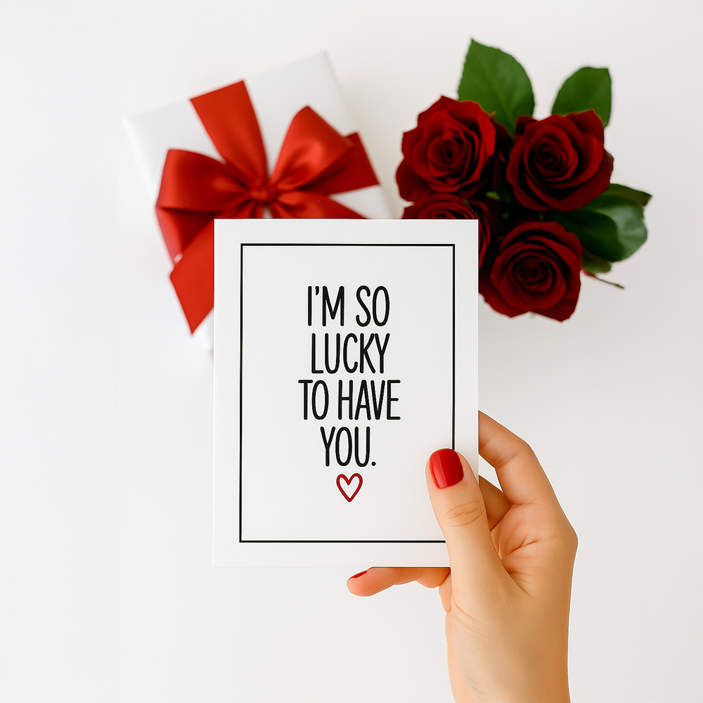 بطاقة تهنئة مكتوب عليها I m so lucky to have you ممسوكة باليد على خلفي