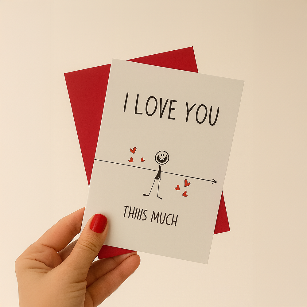 بطاقة حب بعبارة I LOVE YOU THIIIS MUCH مع شخصية كرتونية وظرف أحمر