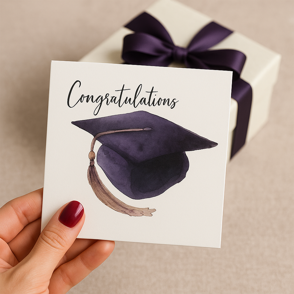 بطاقة تخرج بتصميم قبعة تخرج بأسلوب مائي مكتوب عليها Congratulations