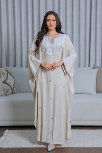جلابيه لينن ملكيه بتطريز شك وحزام مخفي