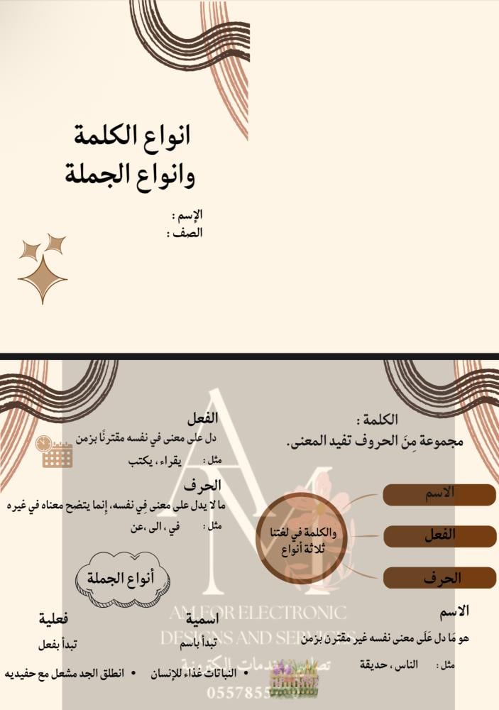 مطوية أنواع الكلمة والجملة رابع إبتدائي