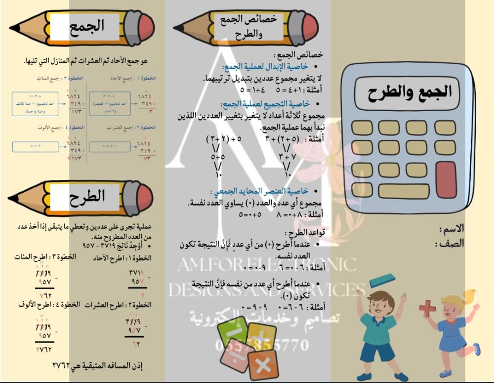 مطوية الجمع والطرح رابع إبتدائي