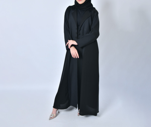 عبايه لف بليزر بدمج قماشين باللون الاسود الكريب وا...
