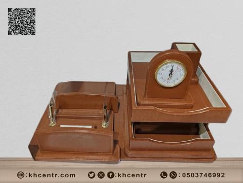 طقم ستاند مكتب فخم  جلد بلون خشبي متكامل